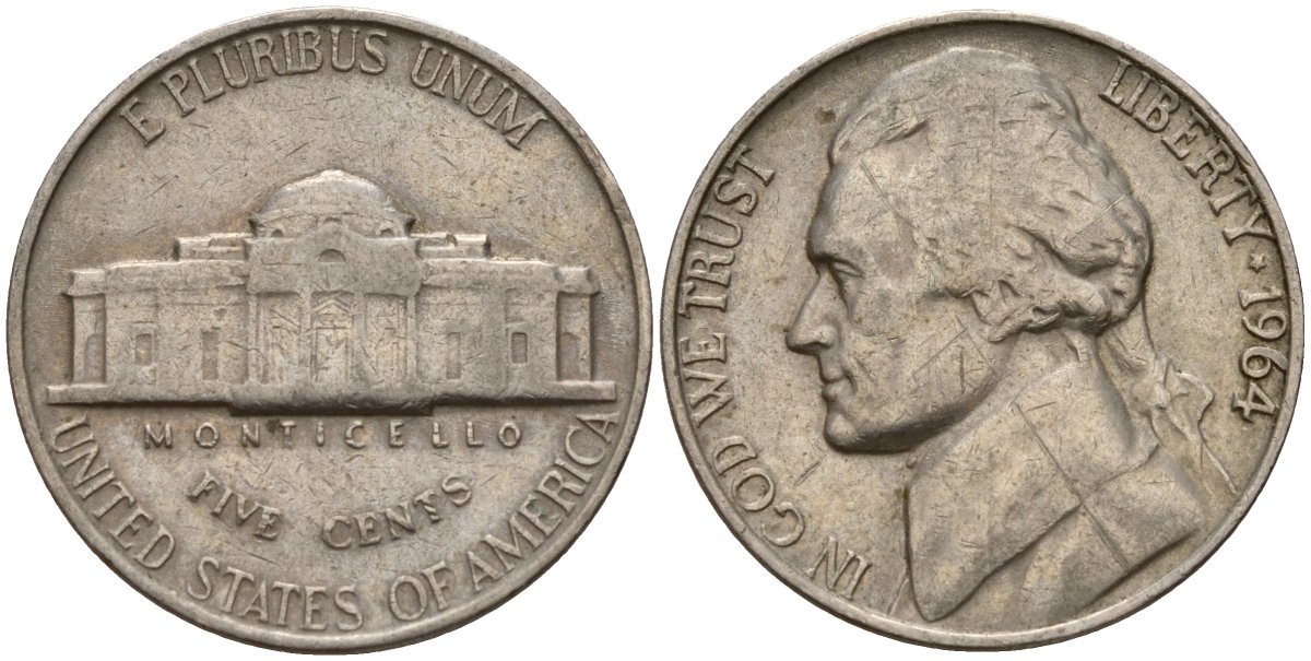 США 5 центов 1964 Томас Джефферсон KM A192 медно-никель 4187-813