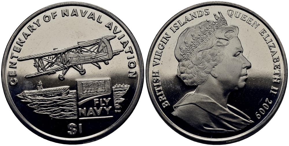 Британские Виргинские острова 1 доллар 2009 100 лет военно-морской авиации медно-никель UNC M90-12