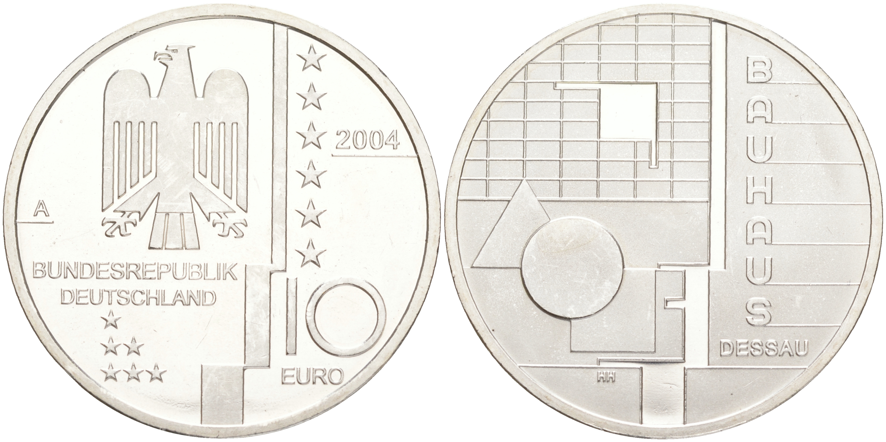 ФРГ 10 евро 2004 A, Баухауз в Дессау, геометрия KM 230, DE.S 10.13 серебро UNC 107-1225