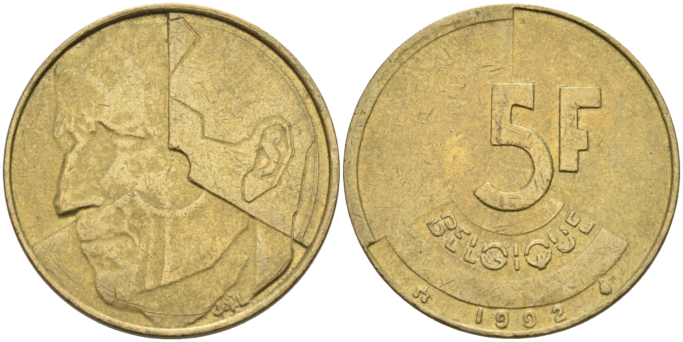 Бельгия 5 франков 1992 Belgique KM 163 латунь алюминиевая бронза    4592-1231