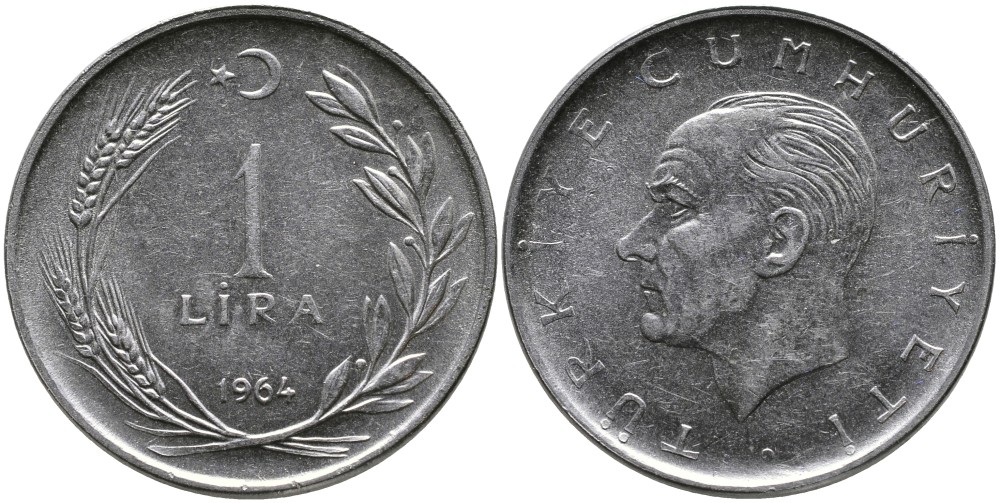 Турция 1 лира 1964 Мустафа Кемаль Ататюрк KM 889а.1 нержавеющая сталь 4541-1231