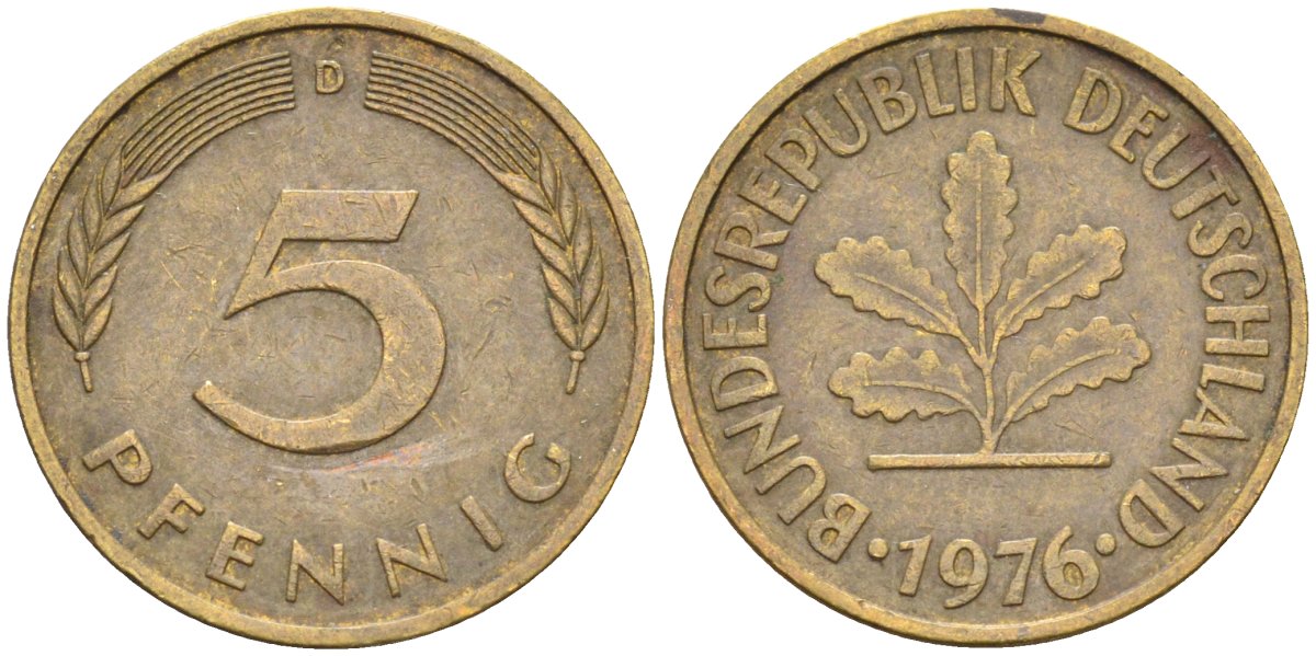 ФРГ 5 пфеннигов 1976 D KM 107, J.382 сталь плакированная латунью 4174-752