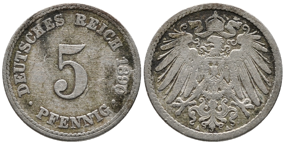 ГЕРМАНИЯ 5 ПФЕННИГОВ 1890 A KM 11, J. 12 медно-никель 39-624