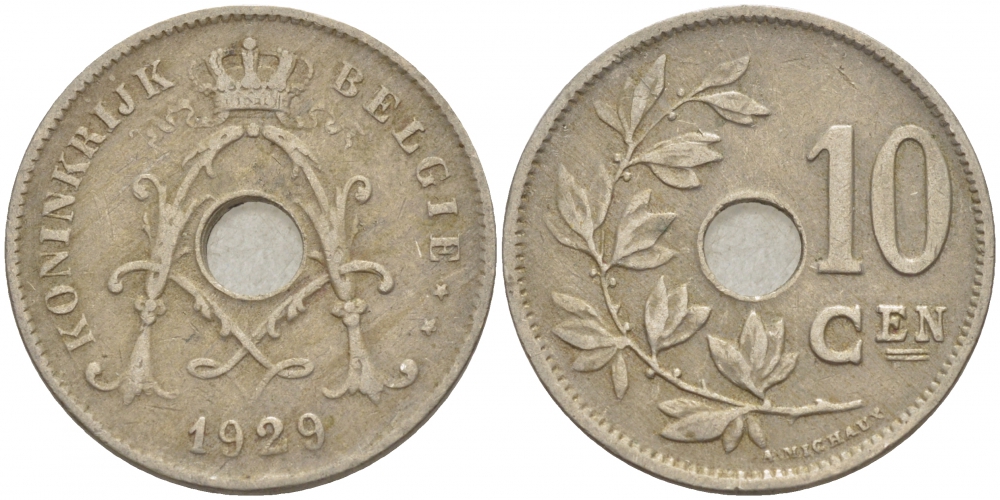 БЕЛЬГИЯ 10 САНТИМОВ 1929 BELGIE KM 86 медно-никель 4529-127