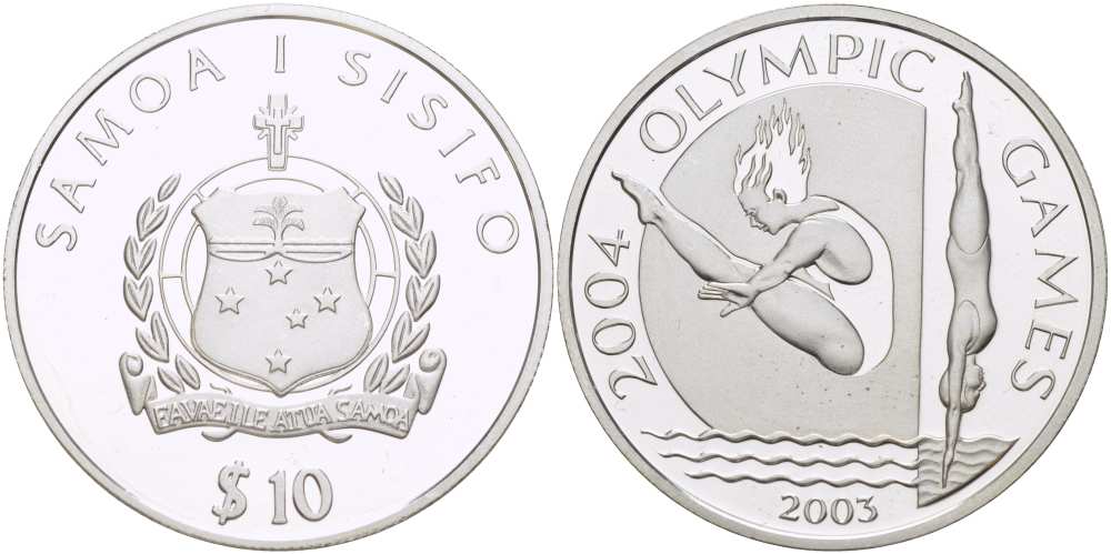 Самоа 10 тала 2003 XXVIII летние Олимпийские игры в Афинах 2004 года, прыжки в воду KM 139 серебро PROOF 1074-3-11