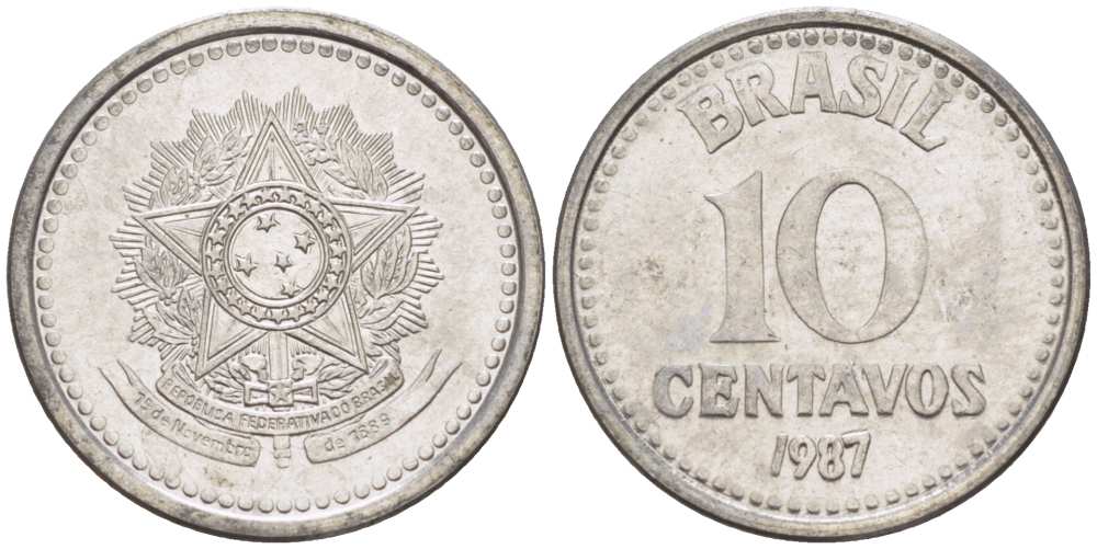 БРАЗИЛИЯ 10 СЕНТАВО 1987 РЕФОРМА 1986-1989 KM 602 нержавеющая сталь 100-1047