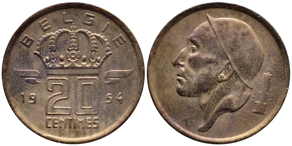 БЕЛЬГИЯ 20 САНТИМОВ 1954 BELGIE KM 147.1 бронза 4392-855