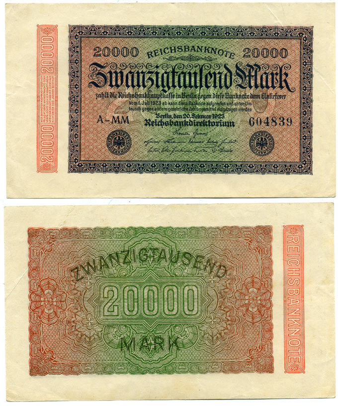 ГЕРМАНИЯ 20000 МАРОК 1923 20 ФЕВРАЛЯ 1923, ВОДЯНОЙ ЗНАК L Pick 85а бумага 3295-50-2