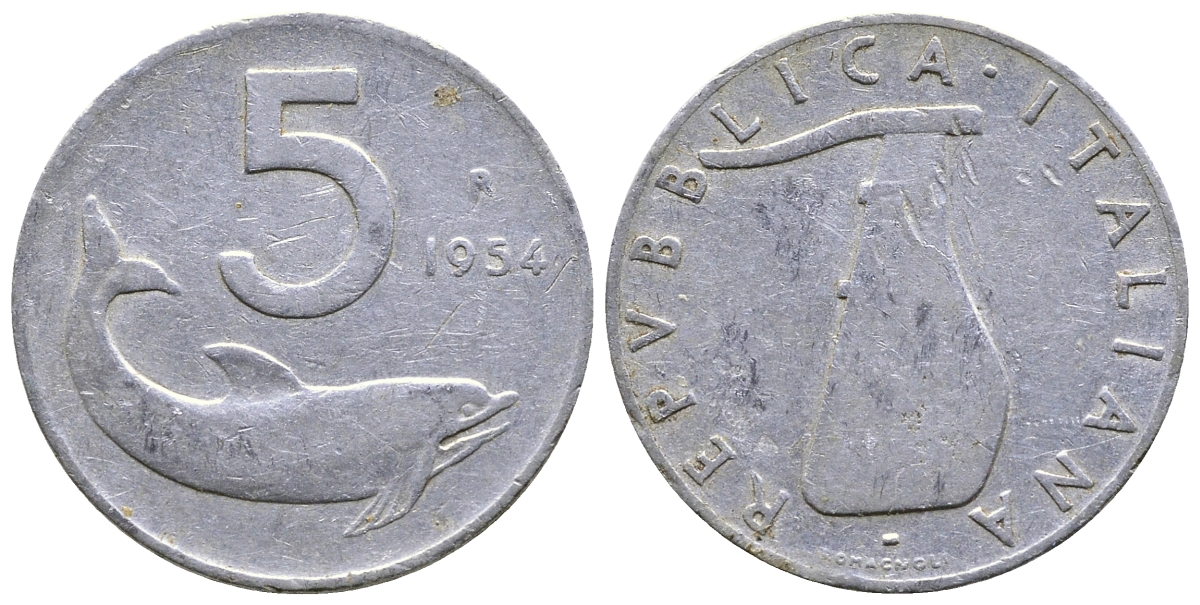 ИТАЛИЯ 5 ЛИР 1954 R, РУЛЬ, ДЕЛЬФИН KM 92 алюминий 4383-941
