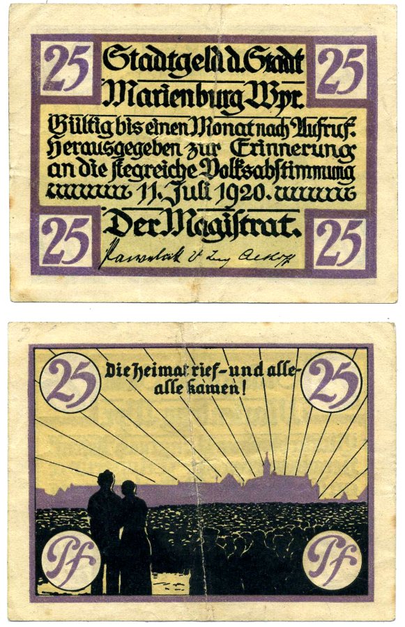 Мариенбург 25 пфеннигов 1920 11 июля 1920, нотгельд, земля Померания Grabowski 870.1 бумага 2195-47-1-1