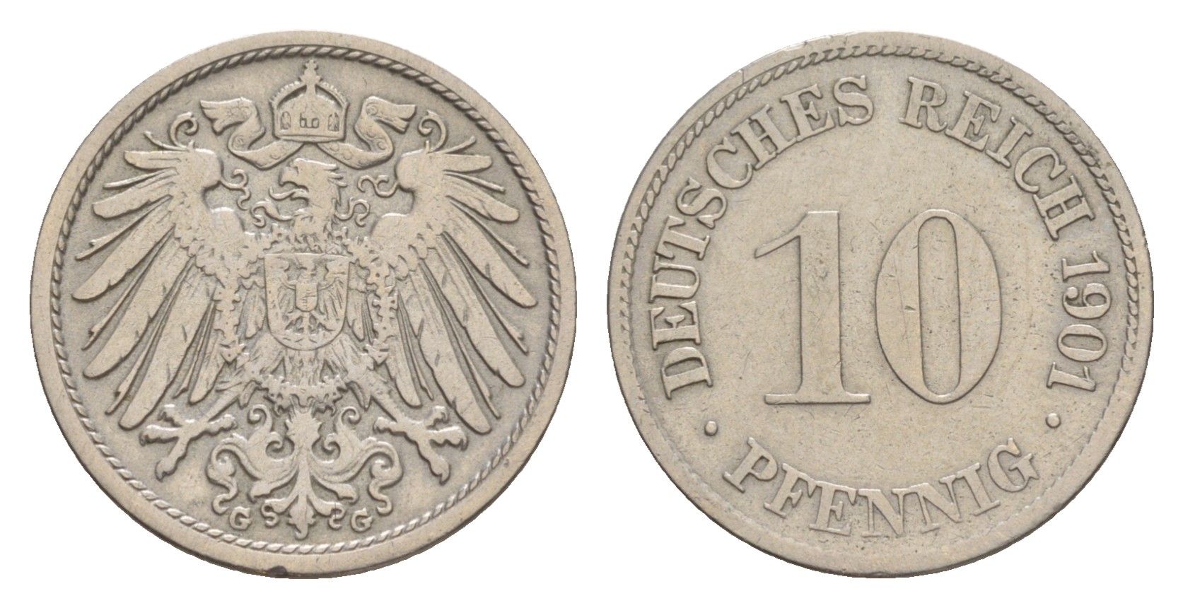 Германия 10 пфеннигов 1901 G, Вильгельм II (1888-1918) KM 12, J. 13 медно-никель 4640-254