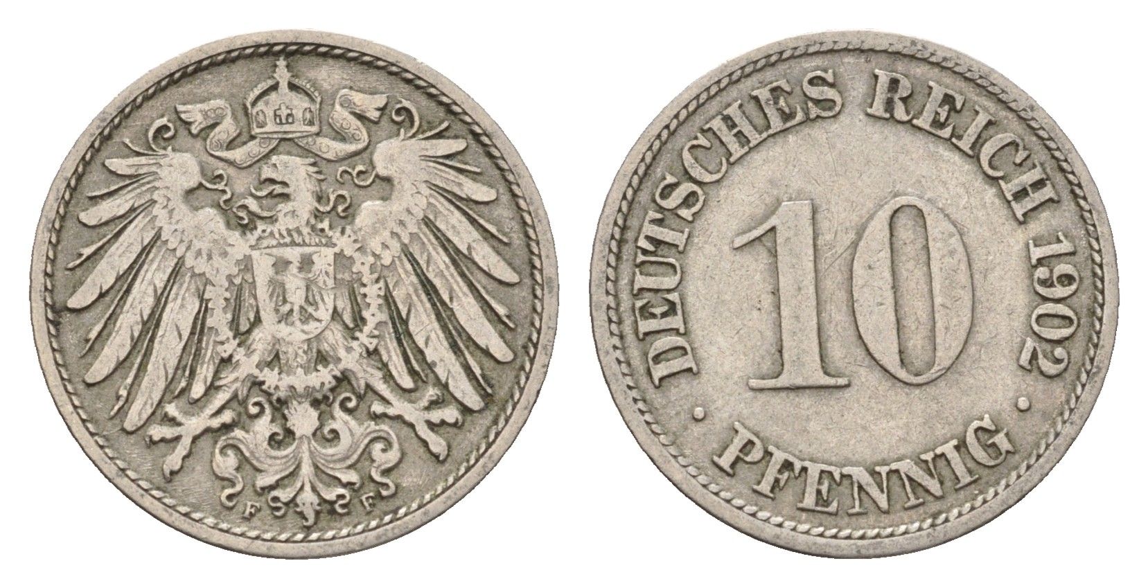 Германия 10 пфеннигов 1902 F, Вильгельм II (1888-1918) KM 12, J. 13 медно-никель 4636-842