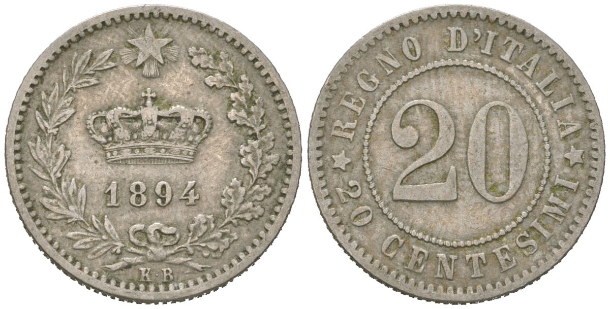 Италия 20 чентезимо 1894 KB, Умберто I (1878-1900) KM 28 медно-никель 4615-623