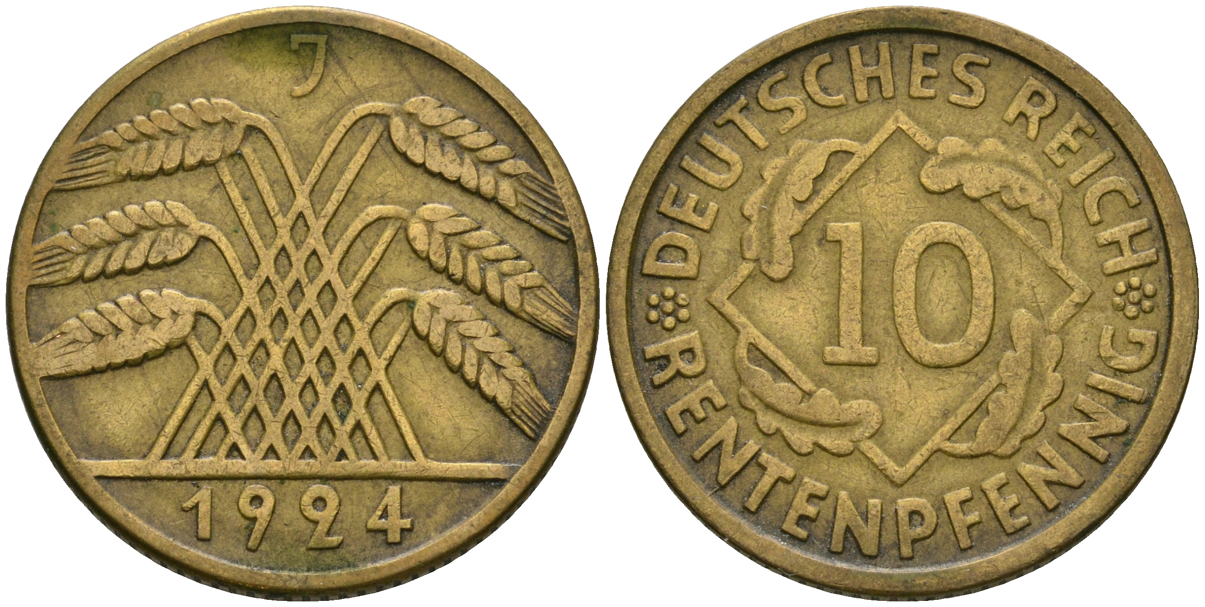 Германия 10 рентенпфеннигов 1924 J KM 33, J. 309, Weege 8 алюминиевая бронза 08-926