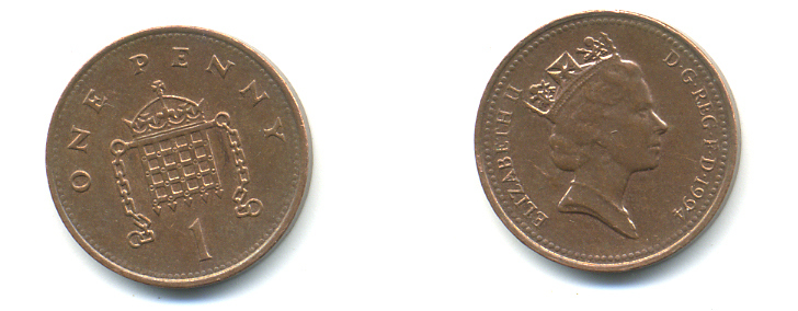 Великобритания 1 пенни 1994 Елизавета II (1952-2022) KM 935a, Spink 4391 (B4) сталь плакированная медью 177-1136