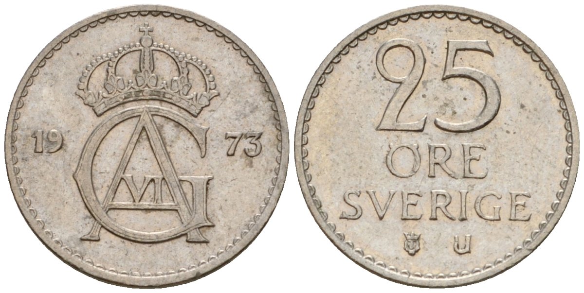 Швеция 25 эре 1973 Густав VI Адольф (1950-1973) KM 836 медно-никель 4602-313