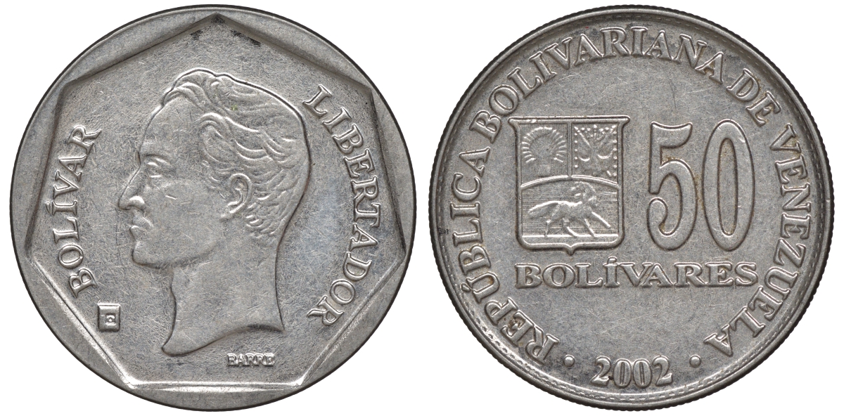 Венесуэла 50 боливаров 2002 Y 82 сталь плакированная никелем 4606-543