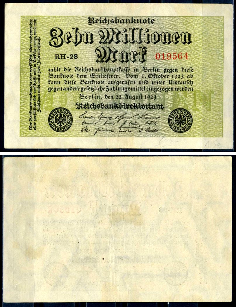 Германия 10000000 марок 1923 22 августа 1923, серия RH Pick 106 a бумага 7552-52-3-2