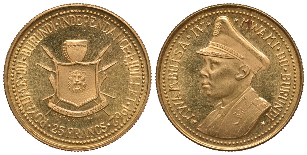 Бурунди 25 франков 1962 король Мвамбутса IV Бангириченге (Mwambutsa IV) в военной форме, независимость Бурунди KM 3 золото UNC 00-000-00