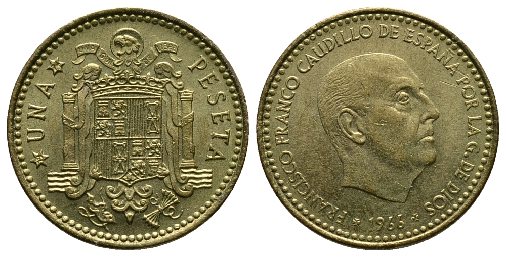 Испания 1 песета 1966 (74) Франсиско Франко (1939-1975) KM 796 алюминиевая бронза 89-1133