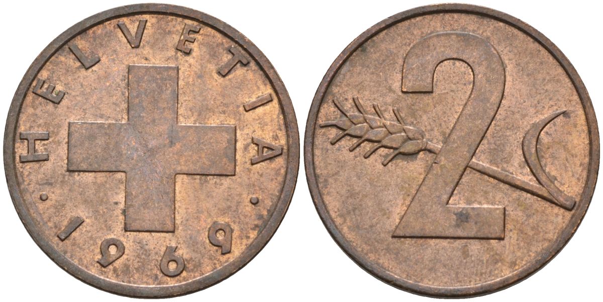 Швейцария 2 раппена 1969 KM 47 бронза 4529-933