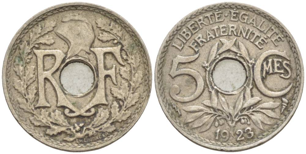 ФРАНЦИЯ 5 САНТИМОВ 1923 tb, ТИП ЛИНДАЙЁ, МОНЕТНЫЙ ДВОР ПУАССИ, МОЛНИЯ KM 875, LE FRANC 122.7 медно-никель 4551-322