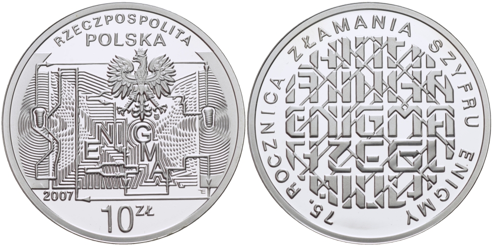 Польша 10 злотых 2007 MW, 75 годовщина взлома Энигмы, тираж 55000 экземпляров KM 587 серебро  PROOF  11-132-41