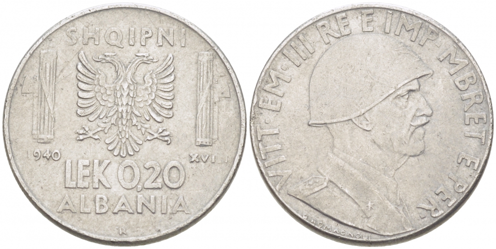 Албания 0,20 лека 1940 R, Итальянская оккупация KM 29 нержавеющая сталь 77-755