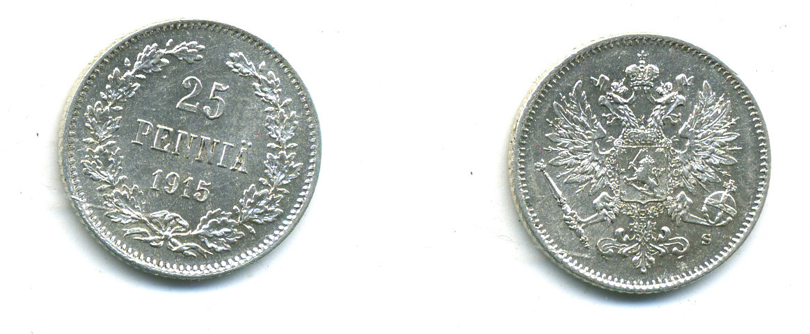 Россия для Финляндии 25 пенни 1915 S, Николай II (1894-1917) KM 6.2, Биткин 420 серебро 4383-124