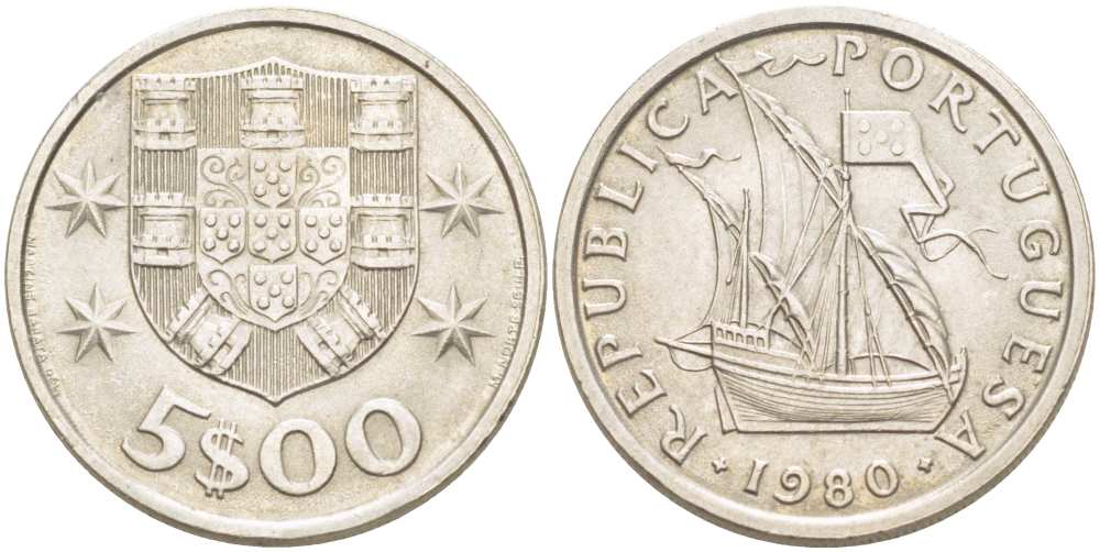 ПОРТУГАЛИЯ 5 ЭСКУДО 1980 ПАРУСНИК KM 591 медно-никель XF 4513-1052