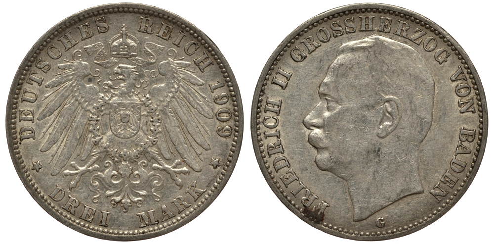 Баден 3 марки 1909 Фридрих II (1907-1918) J. 39, KM 280 серебро    3711-1624