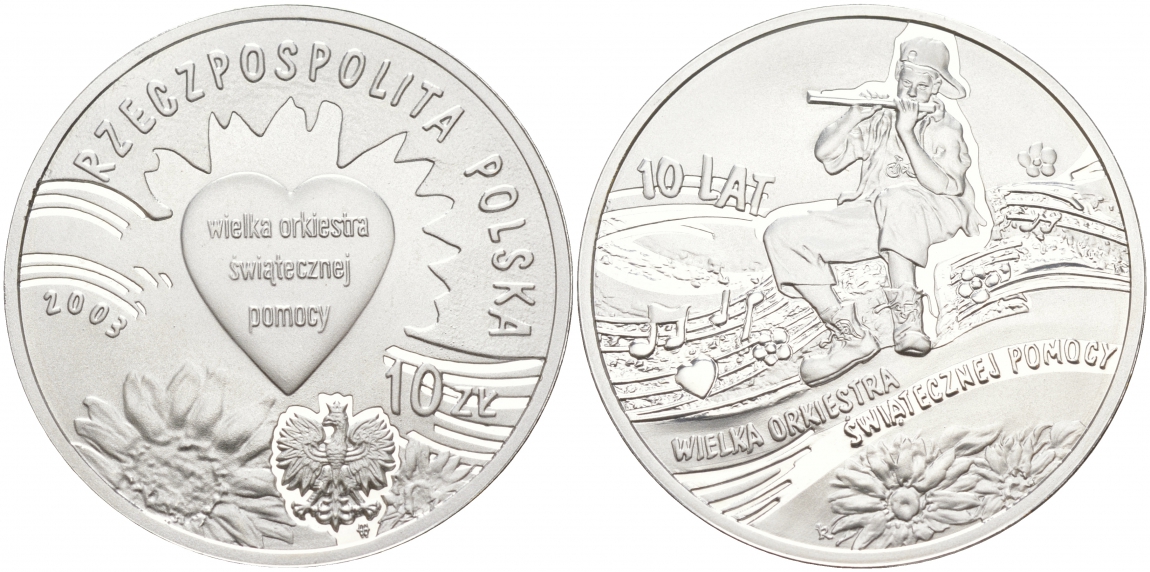 Польша 10 злотых 2003 MW, 10 лет Рождественскому оркестру KM 453 серебро PROOF 1087-5-61