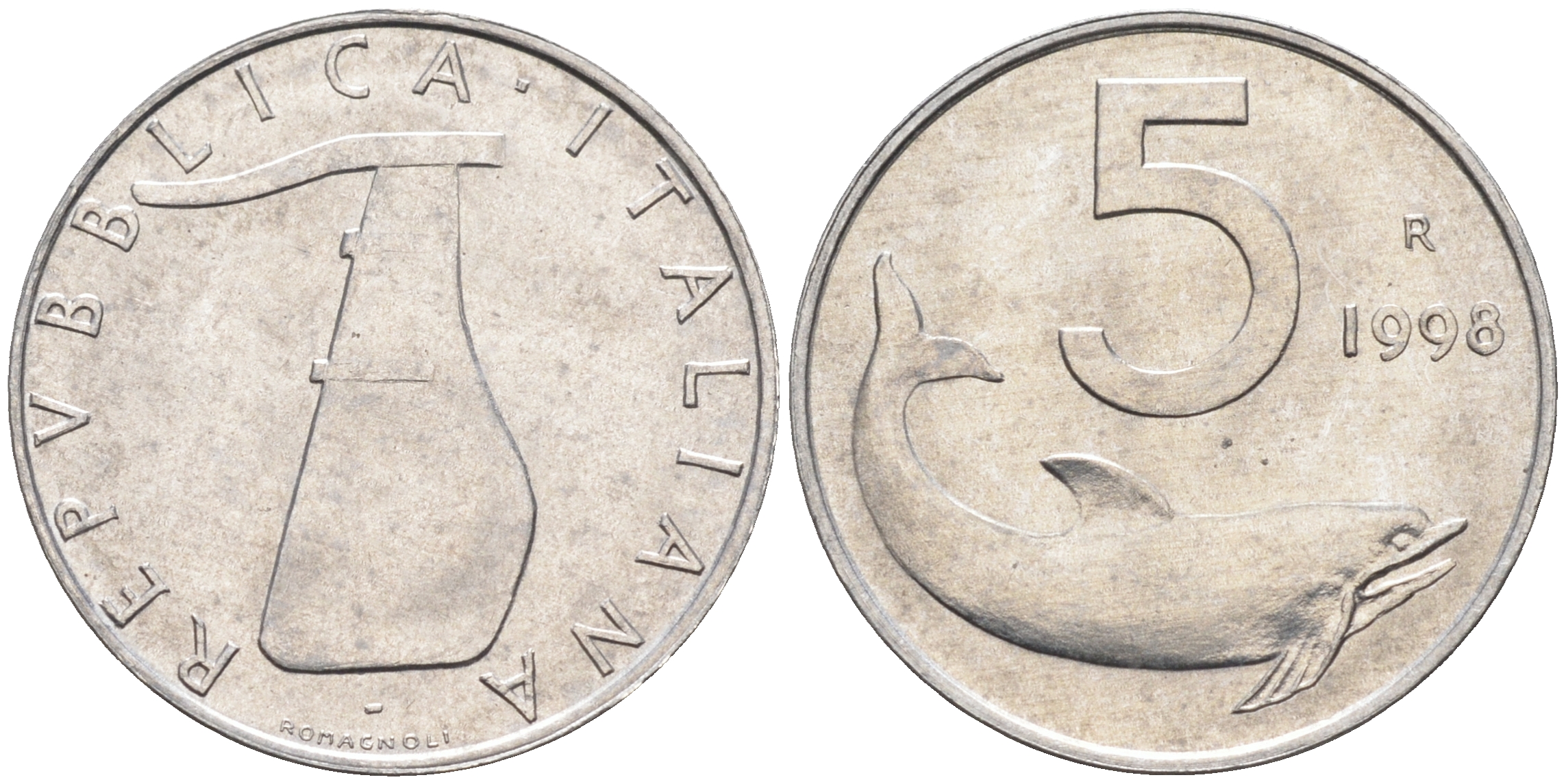 Италия 5 лир 1998 R, дельфин KM 92 алюминий  UNC  4594-813