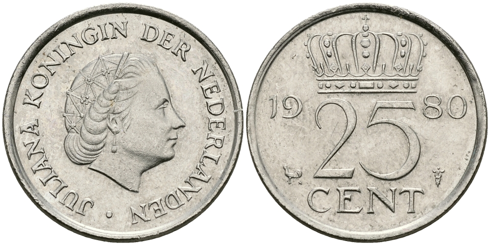 НИДЕРЛАНДЫ 25 ЦЕНТОВ 1980 ЮЛИАНА KM 183 никель 96-258