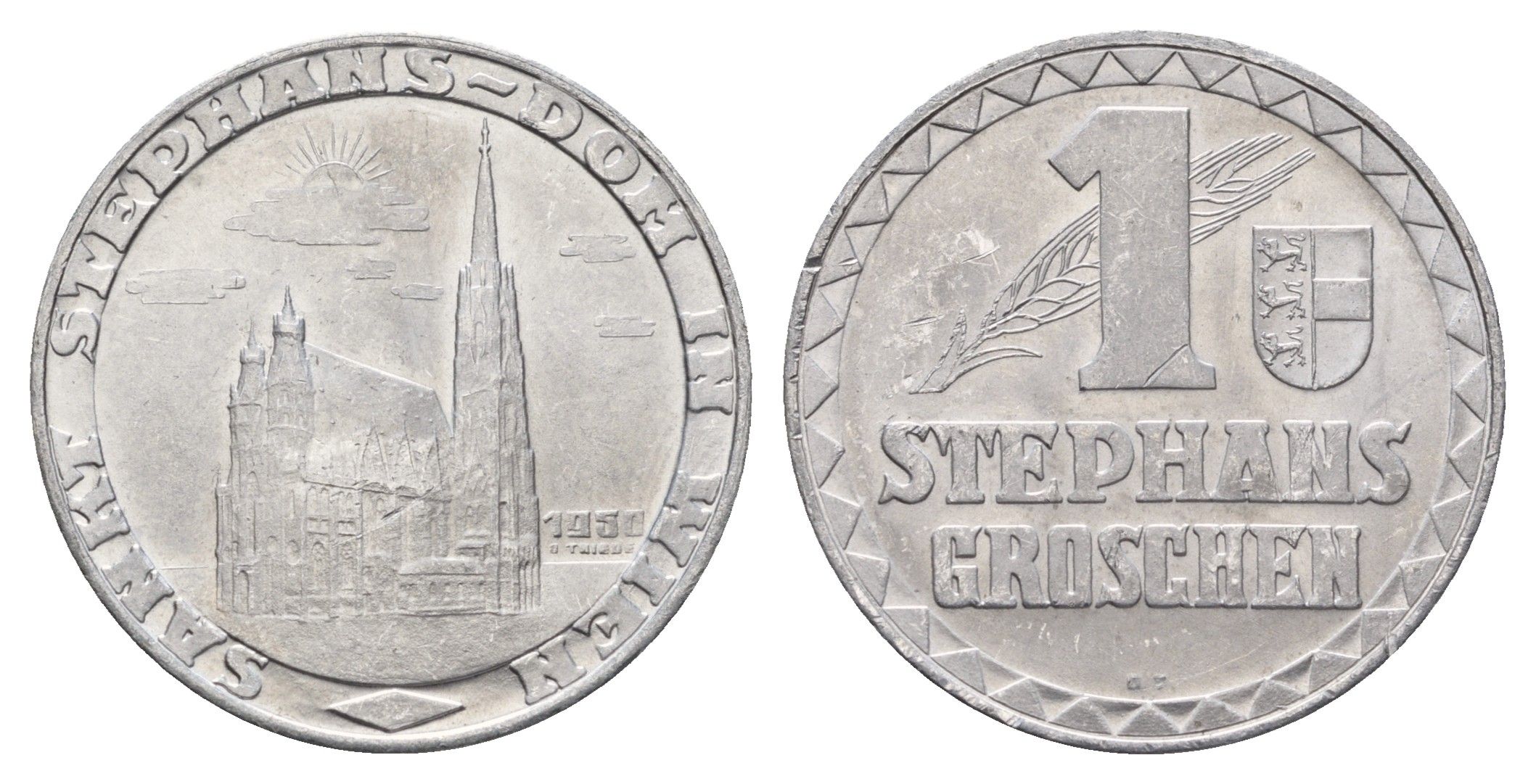 Австрия 1 cтефангрош (Stephansgroschen) 1950 герб - Нижняя Австрия, Собор Святого Стефана в Вене, диаметр 27 мм, вес 2,48 гр алюминий UNC 4678-616