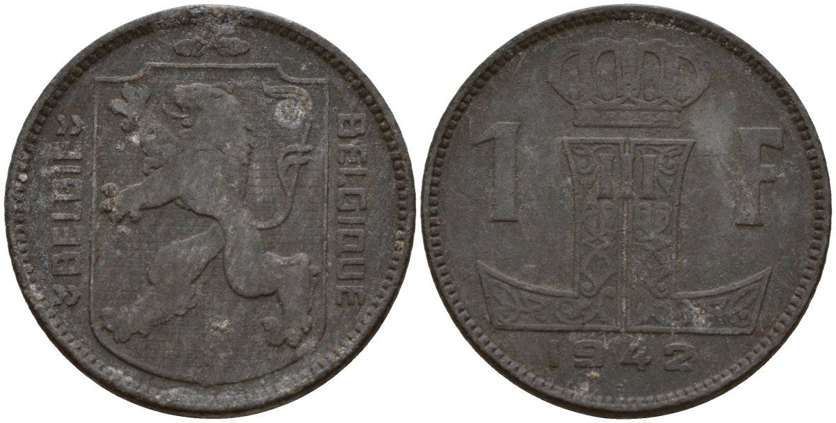 Бельгия 1 франк 1942 Belgique - Belgie, Леопольд III (1934-1947), германская оккупация, Вторая мировая война KM 127 цинк 4161-445