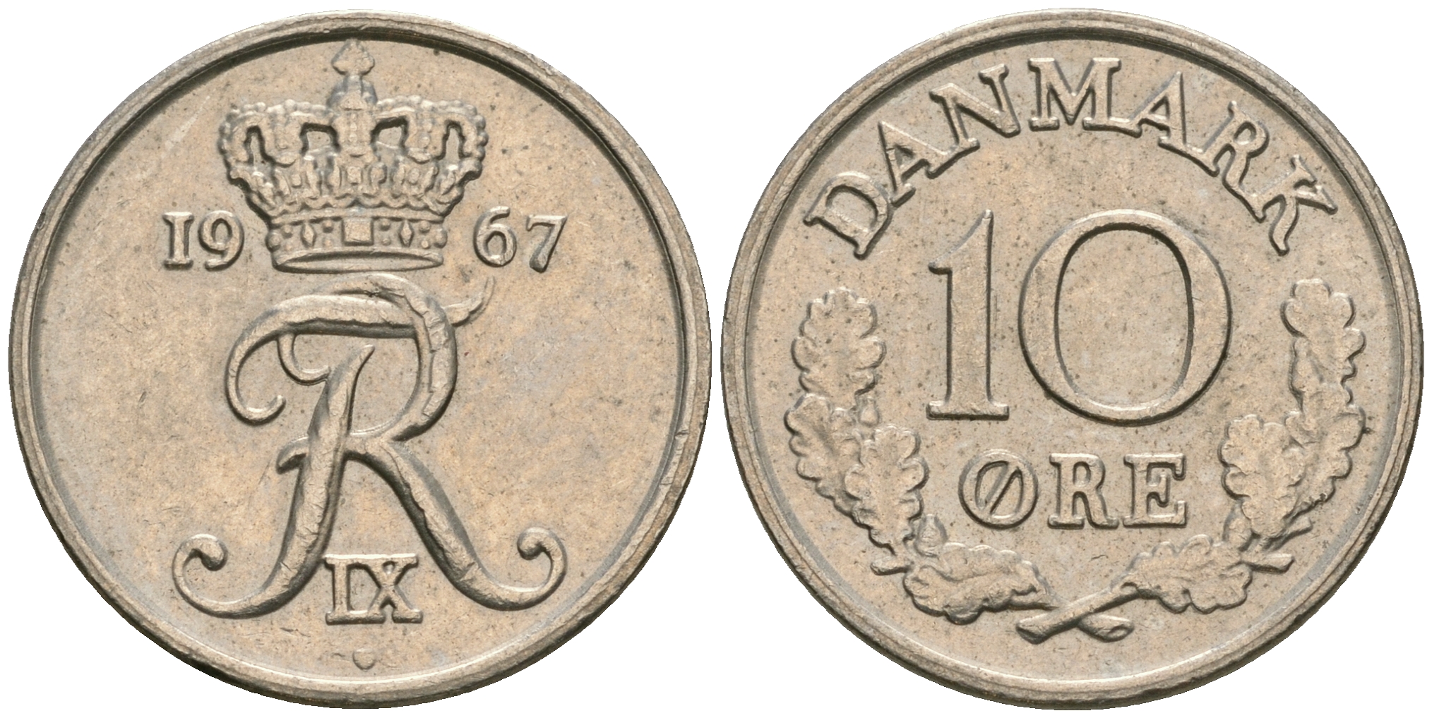Дания 10 эре 1967 C; S, Фредерик IX (1947-1972) KM 849.1 медно-никель UNC 08-1442