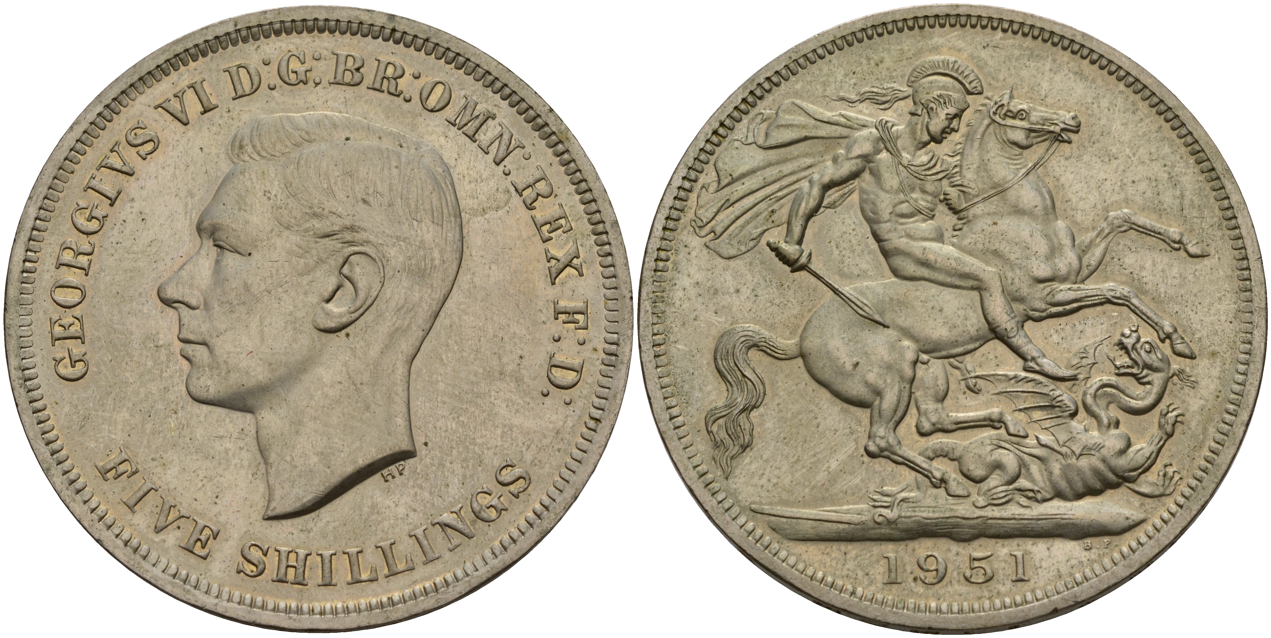 Великобритания 5 шиллингов = 1 крона 1951 Георг VI (1936-1952), фестиваль Британии, Георгий Победоносец, в оригинальной коробке KM 880, Spink 4111 медно-никель Prooflike  2-4-2-39