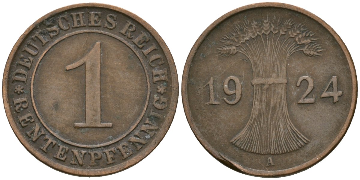 Германия 1 рентенпфенниг 1924 A KM 30, J. 306 бронза 4608-264