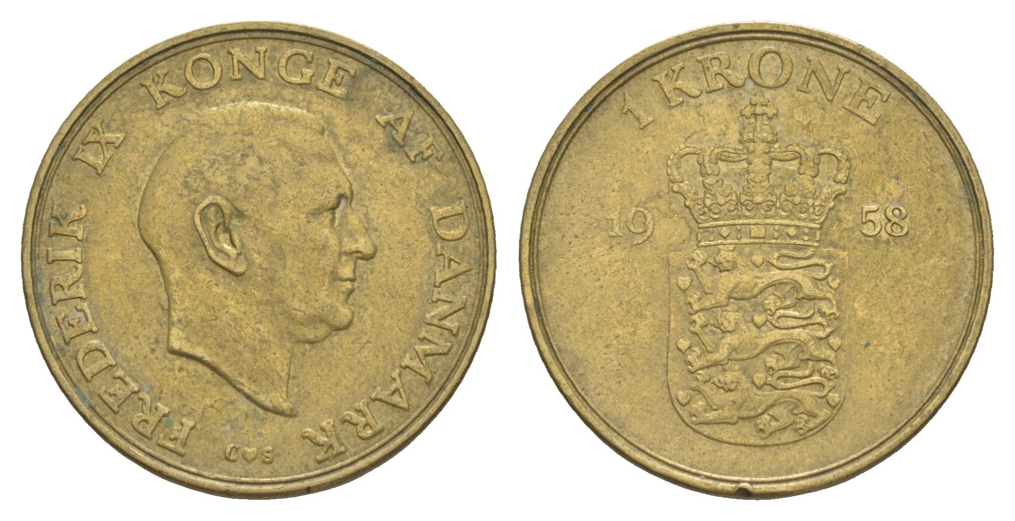Дания 1 крона 1958 C, Фредерик IX (1947-1972) KM 837 алюминиевая бронза 4638-735