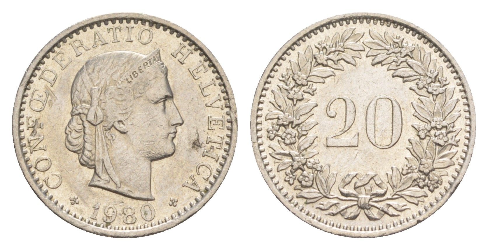 Швейцария 20 раппенов 1980 KM 29a медно-никель 4647-1015