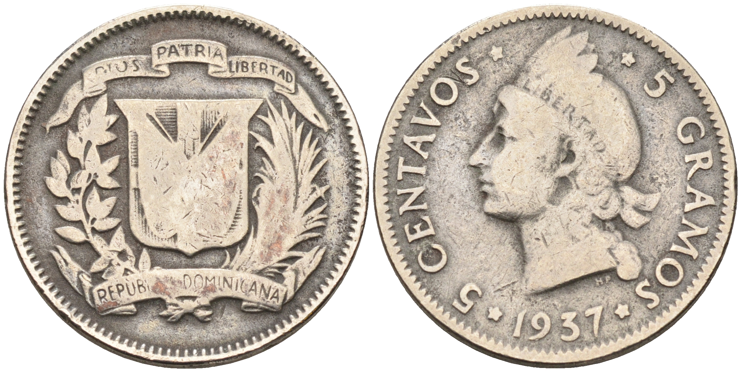 Доминиканская республика 5 сентаво 1937 индеец KM 18 медно-никель    4595-656
