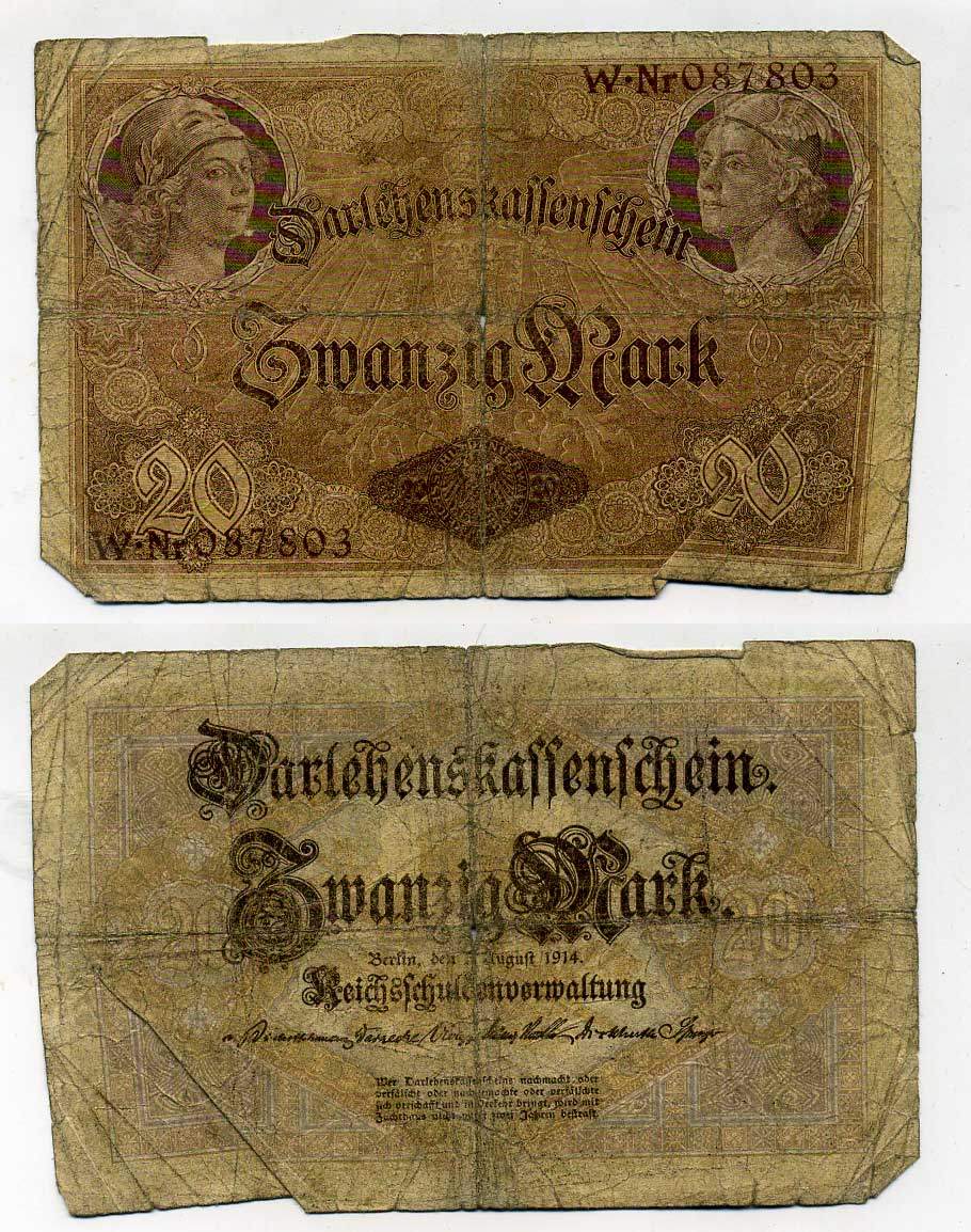 ГЕРМАНИЯ 20 МАРОК 1914 6 значный номер Pick 48 a бумага 6293-59-2