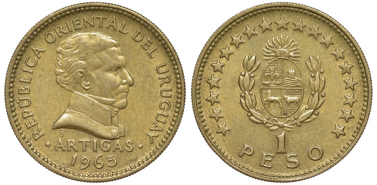 Уругвай 1 песо 1965 KM 46 алюминиевая бронза 36-441