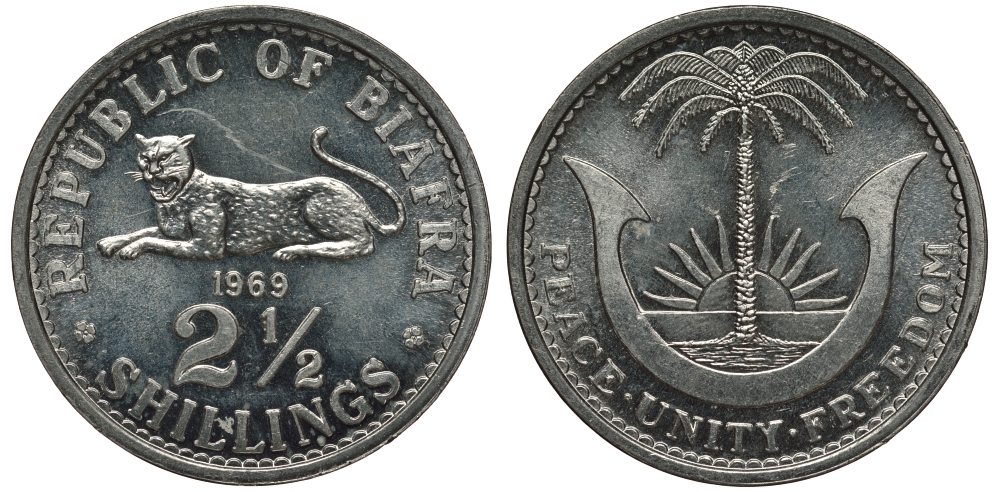 Биафра 2 1/2 шиллинга 1969 независимая республика KM 3 алюминий UNC 11-264-64