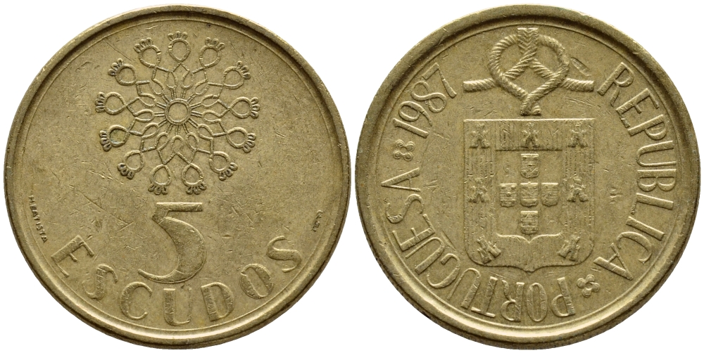ПОРТУГАЛИЯ 5 ЭСКУДО 1987 KM 632 никель латунь 4395-925
