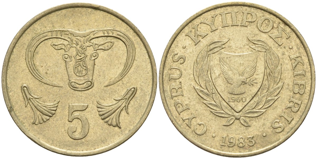 Кипр 5 центов 1983 голова быка KM 55.1 никель латунь 4141-917