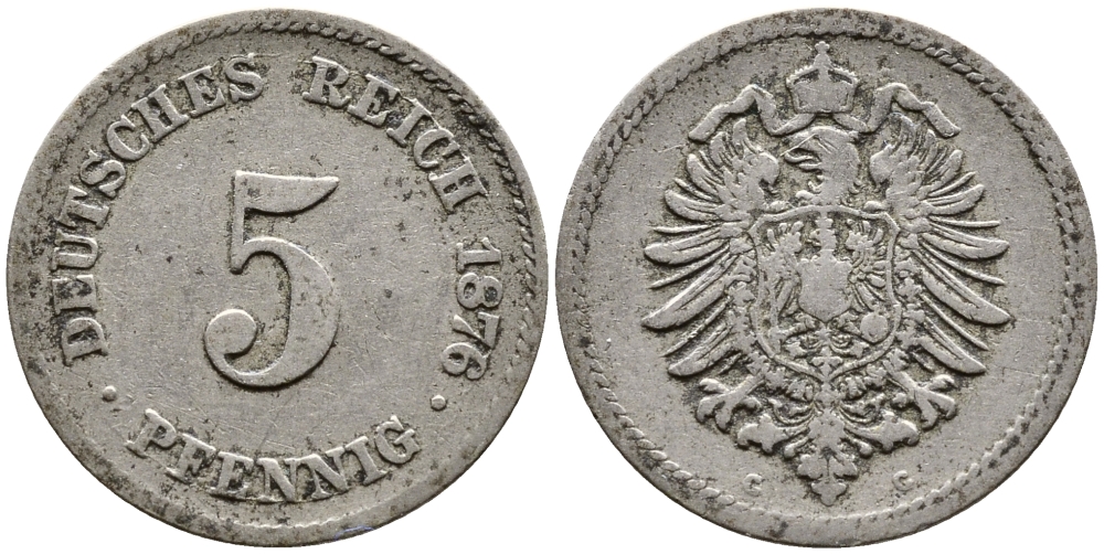 ГЕРМАНИЯ 5 ПФЕННИГОВ 1876 G, СТАРОГЕРБОВКА KM 3, J.3 медно-никель 4387-747