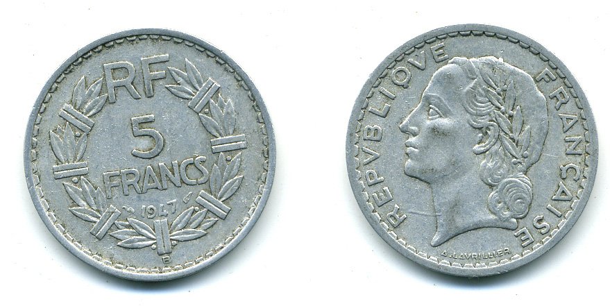 Франция 5 франков 1947 B, открытая 9, тип Лаврийе KM 888b.2, Le Franc 339.11 алюминий 25-643