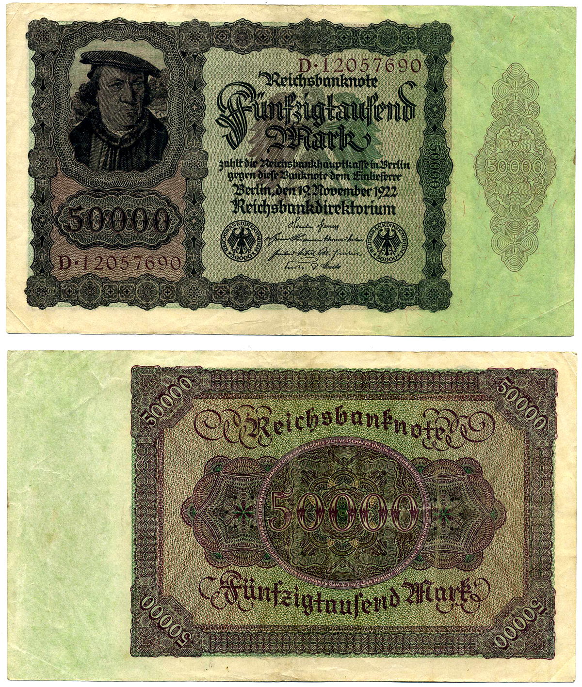 ГЕРМАНИЯ 50000 МАРОК 1922 19 НОЯБРЯ 1922, ВЫПУСК (ФЕВРАЛЬ 1923-5 ИЮЛЯ 1925), НОМЕР ВОСЬМИЗНАЧНЫЙ, СЕРИЯ D 12057690 Pick 80, Роземберг 78 бумага 2194-6-2-1